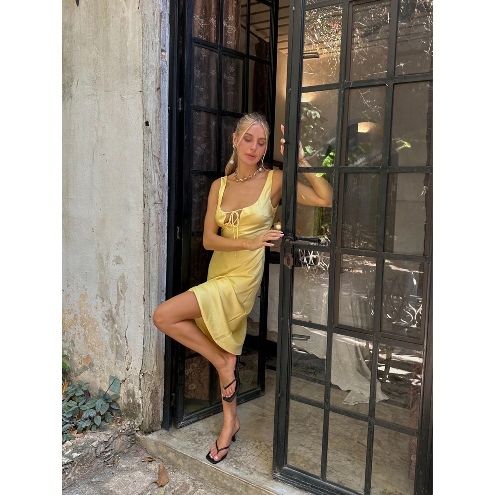 12th Tribe Daphne Yellow Satin Midi Dress Cutout Front Tie M NWT - Picture 3 of 9